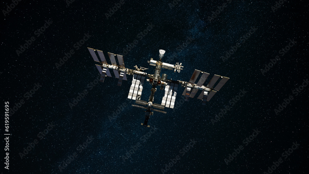 Aufkleber iss space station flies in starry space and explores deep space. space mission and iss.