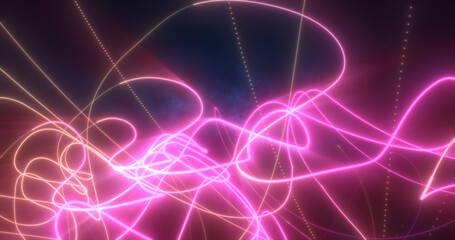 Naklejka premium Abstract blue and purple glowing neon energy laser lines flying on a black background