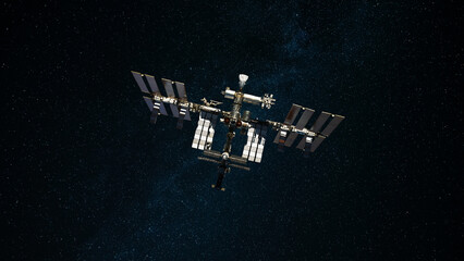 ISS space station flies in starry space and explores deep space. Space mission and ISS.