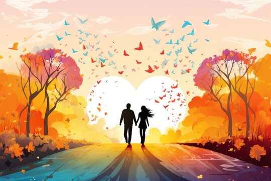 silhouette of a couple holding hands while walking into the sunset - sun in the shape of an heart - generative ai