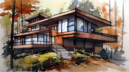 Contemporary multi-level modern luxury home in a natural setting. Watercolor sketch illustration. Generative ai.