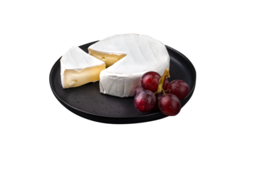 Camembert cheese on plate with fruits on transparent background
