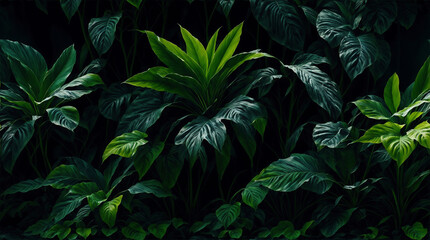 lush tropical leaves set against a dark background, generative AI