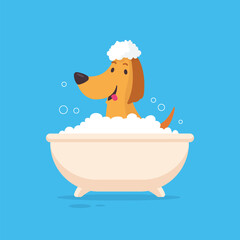 Naklejka premium Cute happy dog/puppy taking a bath vector flat illustration