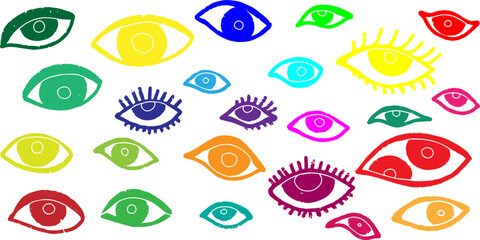 Eyes. Vector set of colored design elements, hand drawn in linocut style, minimalism, scandinavian style, graphic.