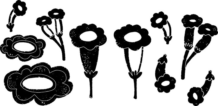 Flowers. Vector set of black design elements, hand drawn in linocut style, minimalism, scandinavian style, graphics.