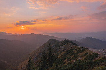Beautiful view of the summer sunset in the Tatras mountains. 