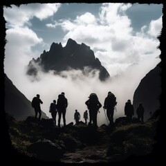 hiker in the mountains, Conquering the Peaks: Silhouette of Hikers Against a Black Cloudy Backdrop, Peering Through a Small Gap, Enveloped in the Majestic Mountain Skyline
