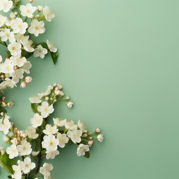 Banner with white flowers on a light green background. Greeting card template for Wedding, mothers or womans day. Springtime composition with copy space. Flat lay style