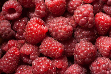Ripe fresh raspberries top view background