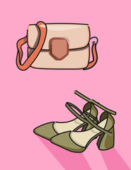 Womens shoes and handbag. Illustration isolated on pink background. modern style. Hand drawn, trendy look.