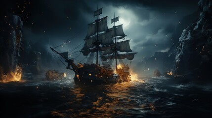Pirate horror ghost ship in middle of ocean,dark night. Created with generative AI. - obrazy, fototapety, plakaty