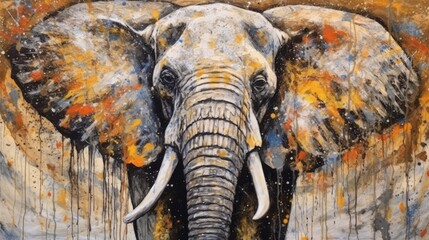 Elephant  form and spirit through an abstract lens. dynamic and expressive Elephant print by using bold brushstrokes, splatters, and drips of paint.  Elephant raw power and untamed energy