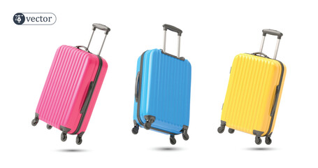 Yellow, blue and pink suitcase flying on white background. Suitcase plastic bag flying, creative journey concept, travel concept. 3d vector icon set - obrazy, fototapety, plakaty