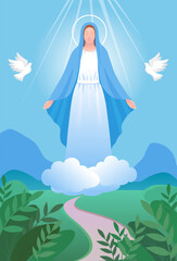 Feast of the immaculate conception.Holy Mother of God in the clouds. Can be used for holidays design in Christian communities.Vector illustration - obrazy, fototapety, plakaty