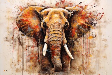 Elephant  form and spirit through an abstract lens. dynamic and expressive Elephant print by using bold brushstrokes, splatters, and drips of paint.  Elephant raw power and untamed energy