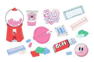 set cartoon illustrations of chewing gum. Cartoon chewing candies. Mint flavor chewing gum.
Tooth with chewing gum. Fresh breath.Retro 70s, 80s, 90s hippie stickers. gum foil pack. Pink,mint