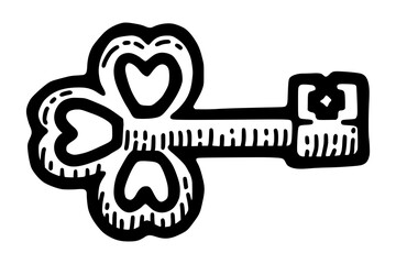 Vintage key. House safe, antique unlock object, secret grunge open icon, retro home security metal sketch. Vector black illustration 