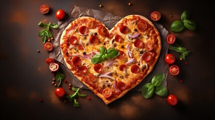 Pizza heart shape with ingredients and copy spase on vintage background. Happy Valentines day. love concept, Generative AI