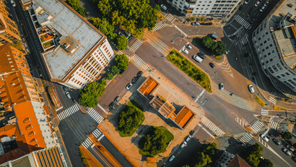 Modern city intersection, modern commercial buildings of business district, from above