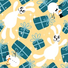 Cartoon animals rabbit seamless Christmas bunnies pattern for wrapping paper and fabrics and accessories