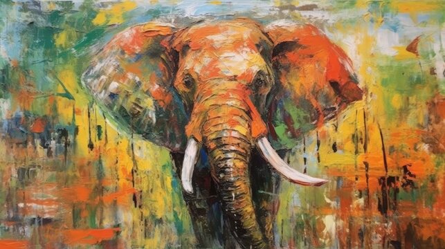 Elephant  form and spirit through an abstract lens. dynamic and expressive Elephant print by using bold brushstrokes, splatters, and drips of paint.  Elephant raw power and untamed energy 