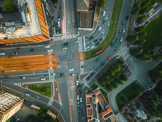 Aerial top down view of the city streets and houses  in the centre of Milan, Italy