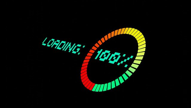 Styled animation of a circular loading progress indicator from 0 to 100% percent. The interface changes color from red to green on a black background.