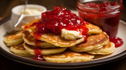 Thin pancakes with jam and topping. Delicious hearty meal with nuts, carnival menu. Generative AI
 - obrazy, fototapety, plakaty