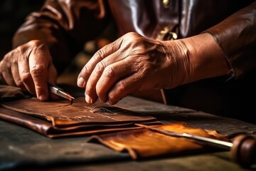 Close-up of old hands of a furrier master working on a simple leather product. Generative AI