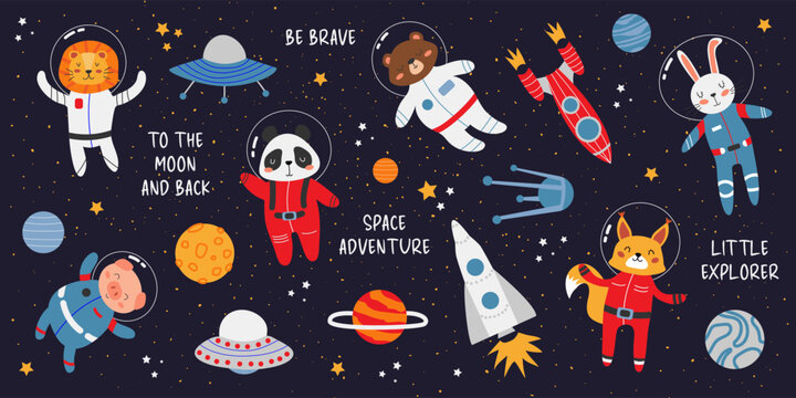 Space Animal Set. Cute animals in spacesuits. Panda, lion, rabbit, bear, squirrel and piggy, rockets, UFO, stars, planets. Adventure vector set. Children's illustration, banner. Space illustration.