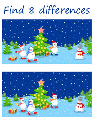 Logic puzzle game. Find 8 differences in Christmas party snowmen. Night winter landscape. Vector illustration for children's development.