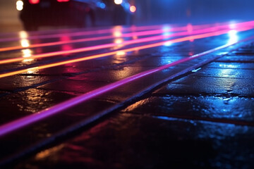 Abstract interplay of neon lights, searchlight, and smoky darkness on wet asphalt. Generative AI