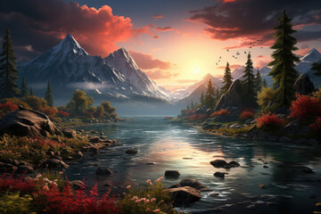Fototapeta na wymiar Serene landscape featuring a picturesque lake and a majestic sunrise over the mountains. Generative Ai.
