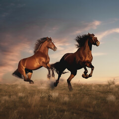 Fototapeta premium Two bay horses run gallop in the field on sunset sky background