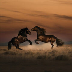 Two bay horses run gallop in the field on sunset sky background