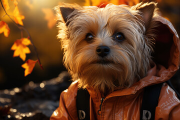 Terrier dog confidently strolling in a cozy jacket, enjoying the warmth and comfort. Generative Ai.
