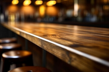 Bar interior background blurred, showcasing the top of a wooden table. Generative AI