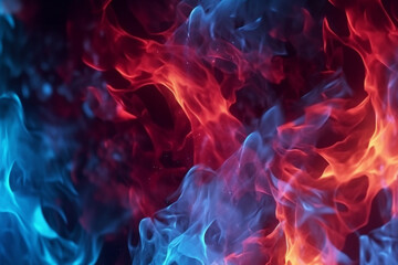 Bold red and blue flames ignite the darkness of the background. Generative AI