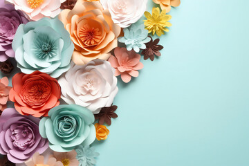 Top view of colorful paper cut flowers on blue background with copy space,ai generated