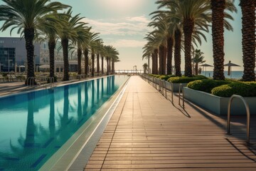 Promenade Limassol beautiful with palm trees in Cyprus with swimming pools in the park on the seashore. Generative AI 