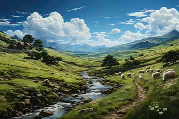 Idyllic scene depicting greener pastures, symbolizing tranquility and abundance. Generative Ai.