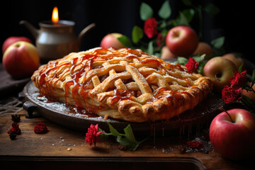 Traditional homemade apple pie infused with aromatic spices, evoking a sense of warmth and comfort. Generative Ai.