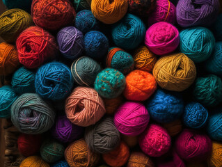Multi-colored balls of yarn. View from above. Bright rainbow colors. Wool for knitting. Skeins of yarn for craft
