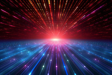 Disco backdrop with vibrant blue and red shimmering rays. Generative AI