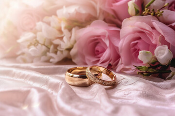 Dreamy wedding scene featuring gold rings, Eustoma roses, and light pink feathers. Generative AI