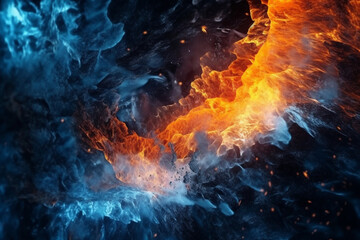 Dynamic black artwork showcases the fusion of fire and ice. Generative AI