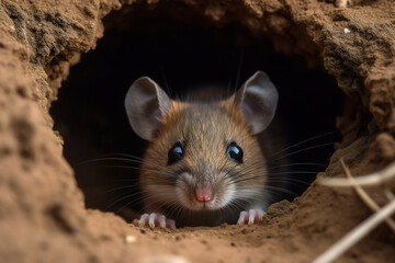a little mouse looks out of a burrow,ai generated