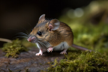 A shy little mouse between the trunks of a forest,ai generated