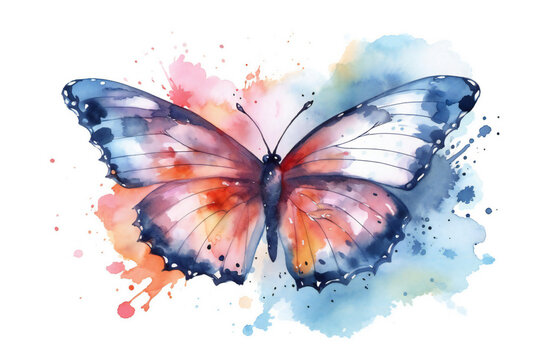 Blue butterfly on an isolated white background, watercolor painting,ai generated
